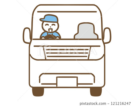 圖：一位面帶微笑的男工人駕駛著一輛白色汽車（正面） 121216247