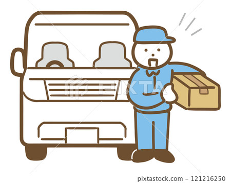 圖:一位面帶微笑的男外送員提著包裹,駕駛著一輛白色汽車(全身) 圖:一位面帶微笑的男外送員提著包裹,駕駛著一輛白色汽車(全身) 121216250
