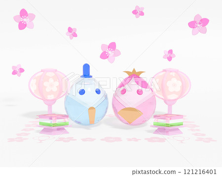 A 3DCG landscape with a cute glass Emperor and Empress doll and peach blossoms dancing A 3DCG landscape with a cute glass Emperor and Empress doll and peach blossoms dancing 121216401