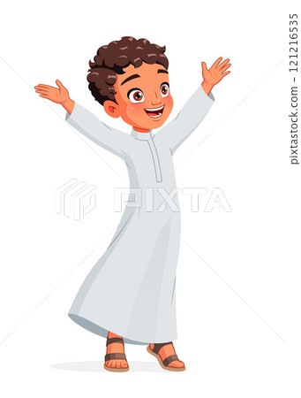 Happy little Arab boy in traditional clothes with his arms raised. Cartoon vector illustration. Happy little Arab boy in traditional clothes with his arms raised. Cartoon vector illustration. 121216535