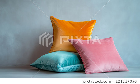 A simple yet sophisticated backdrop with three brightly colored cushions. 121217056