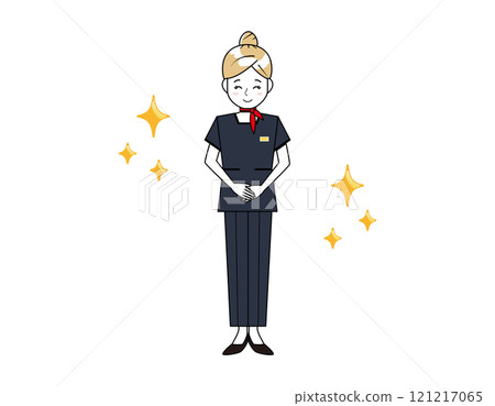 一位穿著褲子風格為顧客服務的女性美容諮詢人員的插圖 121217065