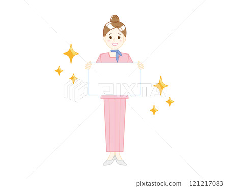 一位穿著褲子風格為顧客服務的女性美容諮詢人員的插圖 一位穿著褲子風格為顧客服務的女性美容諮詢人員的插圖 121217083