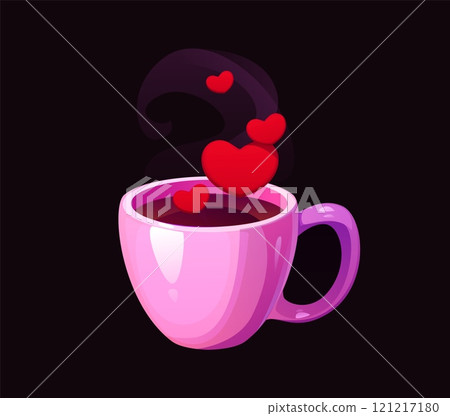 Cartoon pink cup of coffee with red hearts symbolizing love and warmth for Valentines Day and romantic occasions. Vector vibrant porcelain mug adds charm and a touch of romance to holiday or dating 121217180
