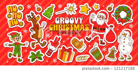Groovy Christmas stickers pack with cartoon characters and winter holiday decorations, vector icons. Groovy Christmas stickers with Santa and funky elf with reindeer or snowman with New Year gifts Groovy Christmas stickers pack with cartoon characters and winter holiday decorations, vector icons. Groovy Christmas stickers with Santa and funky elf with reindeer or snowman with New Year gifts 121217188