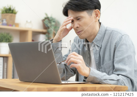 Unwell man, headache, fatigue, lack of sleep Unwell man, headache, fatigue, lack of sleep 121217425