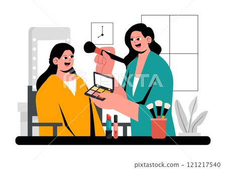 Makeup Artist Vector Illustration featuring a Professional Makeover Session with Clients Undergoing Beauty Procedures in a Flat Style Background 121217540