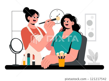 Makeup Artist Vector Illustration featuring a Professional Makeover Session with Clients Undergoing Beauty Procedures in a Flat Style Background 121217542