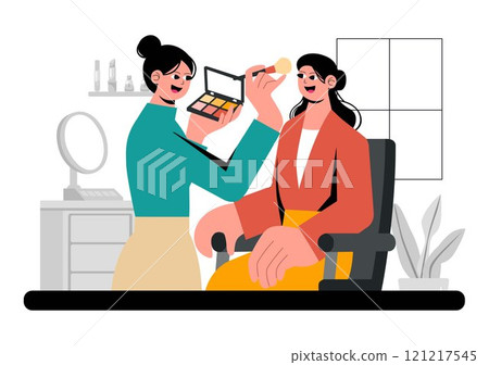 Makeup Artist Vector Illustration featuring a Professional Makeover Session with Clients Undergoing Beauty Procedures in a Flat Style Background Makeup Artist Vector Illustration featuring a Professional Makeover Session with Clients Undergoing Beauty Procedures in a Flat Style Background 121217545