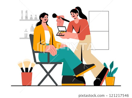 Makeup Artist Vector Illustration featuring a Professional Makeover Session with Clients Undergoing Beauty Procedures in a Flat Style Background Makeup Artist Vector Illustration featuring a Professional Makeover Session with Clients Undergoing Beauty Procedures in a Flat Style Background 121217546
