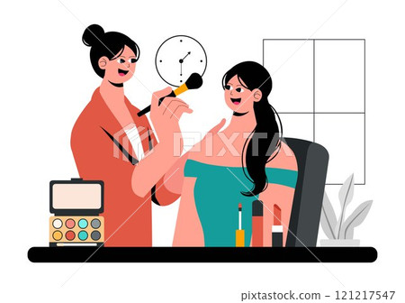 Makeup Artist Vector Illustration featuring a Professional Makeover Session with Clients Undergoing Beauty Procedures in a Flat Style Background 121217547