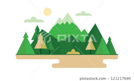 Green Mountain Nature View Landscape with Pine Trees in Forest with Sun in Bright Sky 121217690