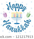 Happy Hanukkah greeting card with a traditional candelabra, colorful lit candles  and dreidels on a white background vector illustrator 121217913