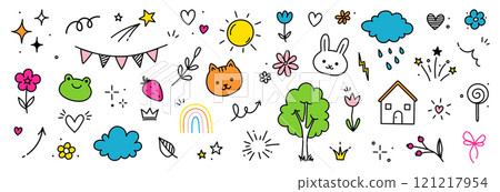 Cute kid icon element line flower, cloud, heart background. Hand drawn doodle cute cartoon scribble sticker element set. Flower, heart, cloud children elements background. Vector Cute kid icon element line flower, cloud, heart background. Hand drawn doodle cute cartoon scribble sticker element set. Flower, heart, cloud children elements background. Vector 121217954