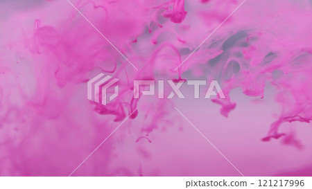 Paint splash. Color flow. Defocused bright pink drops sparkling liquid fluid ink smoking texture cloud on abstract art background. 121217996