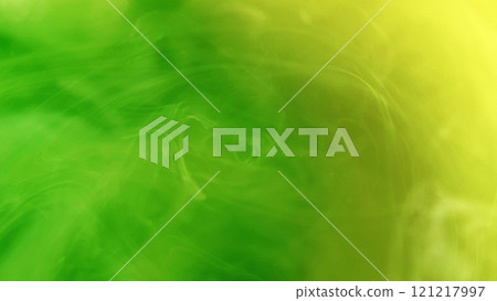 Fluid smoke. Paint water. Defocused bright green yellow cloud splash ink mist vortex flow splash moving on abstract art background. 121217997