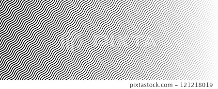 Wavy line gradient pattern. Black and white fading wave halftone gradation. Curved stripe texture wallpaper. Thin to thick zig zag strike background for overlay, print, cover, graphic design. Vector 121218019