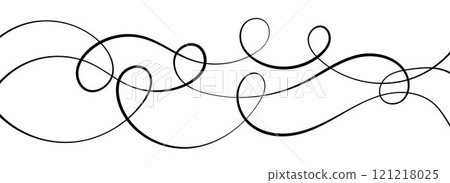 Black thin squiggle lines. Wavy wiggle stripes pattern decoration. Curvy thread, string or yarn strikes for ornament, decor, separate, divider. Tangled squiggly linear doodle wave shapes. Vector 121218025