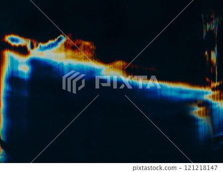 Dust scratch texture. Distortion glitch. Old film overlay. Blue orange color stain light flare wave wrinkled weathered foil defect dark black illustration art abstract background. 121218147