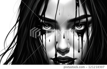 Emotional beauty in black and white: dripping ink portrait 121218307