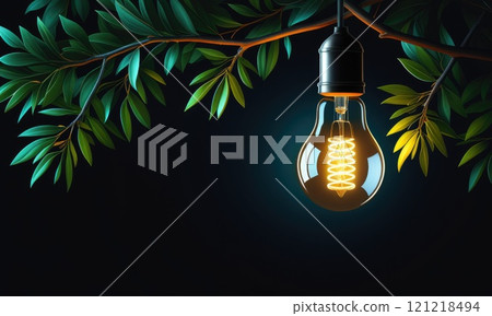 Glowing light bulb hanging from tree branch with vibrant leaves 121218494