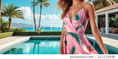 Tropical paradise: woman in floral sundress by luxurious poolside with ocean view 121218496