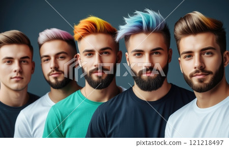 Vibrant hairstyles: five diverse men with trendy hair colors and beards 121218497