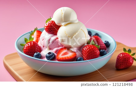 Refreshing berry and vanilla ice cream dessert with fresh strawberries and blueberries 121218498