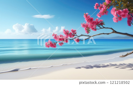 Peaceful beach scene with cherry blossoms and tranquil ocean waves under clear blue skies 121218502
