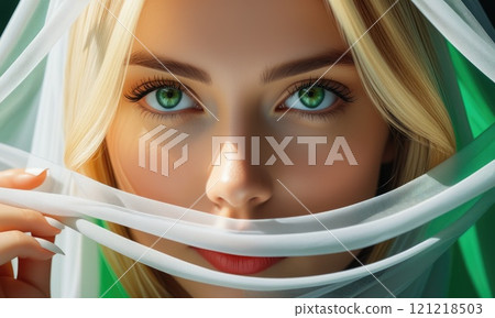 Captivating greeneyed woman veiled in white fabric with intense gaze Captivating greeneyed woman veiled in white fabric with intense gaze 121218503