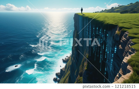 Digital cliff edge: futuristic landscape with man overlooking ocean Digital cliff edge: futuristic landscape with man overlooking ocean 121218515