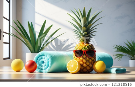 Tropical vibes: pineapple with sunglasses and beach accessories 121218516
