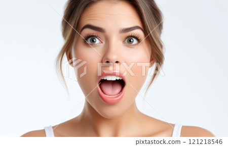 Surprised woman with open mouth on white background 121218546