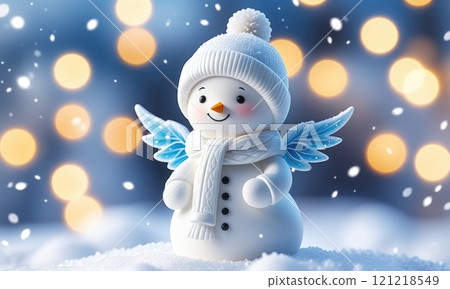 Charming snowman with blue wings in winter wonderland Charming snowman with blue wings in winter wonderland 121218549