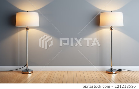 Elegant dual floor lamps in minimalist interior with wooden flooring Elegant dual floor lamps in minimalist interior with wooden flooring 121218550