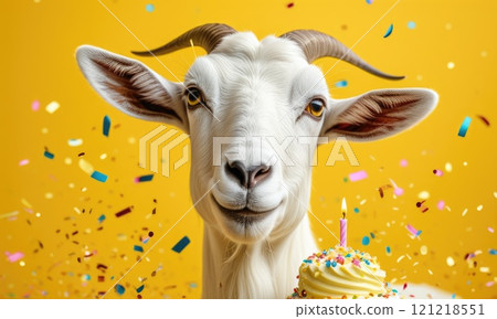 Cheerful goat celebrates with birthday cupcake and confetti Cheerful goat celebrates with birthday cupcake and confetti 121218551