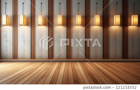 Modern interior lighting design with wooden panels and warm ambiance 121218552