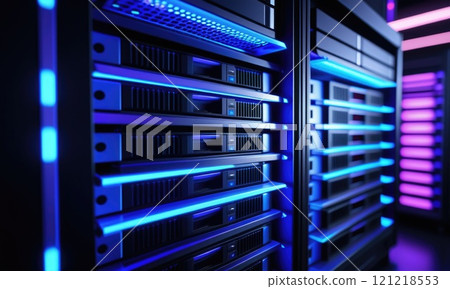 Futuristic data center with glowing blue lights and server racks Futuristic data center with glowing blue lights and server racks 121218553