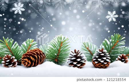 Winter wonderland: snowy pine cones and fir branches in a festive holiday scene Winter wonderland: snowy pine cones and fir branches in a festive holiday scene 121218554