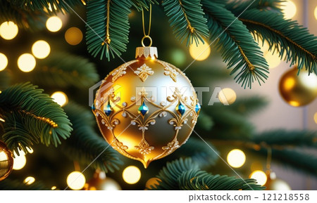 Elegant gold christmas ornament with blue accents on festive tree 121218558