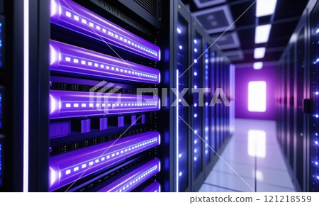 Futuristic data center with purple led servers in a hightech environment Futuristic data center with purple led servers in a hightech environment 121218559