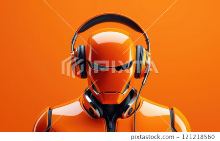 Futuristic orange robot wearing headphones on vibrant background Futuristic orange robot wearing headphones on vibrant background 121218560