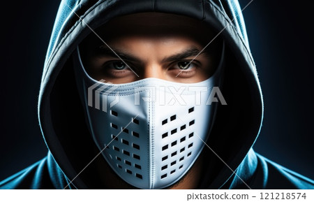 Mysterious hooded figure with futuristic mask in dramatic lighting 121218574