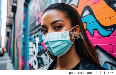 Urban trendsetter in a mask against vibrant graffiti backdrop 121218576