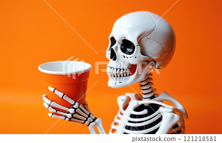 Skeleton holding orange cup against vibrant background 121218581