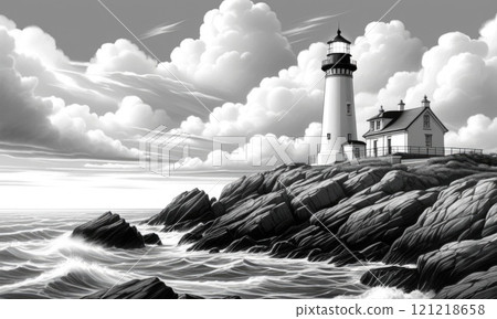 Majestic lighthouse on rocky coastline amidst dramatic clouds and ocean waves 121218658
