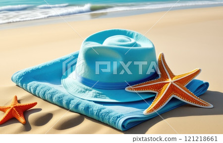 Serene beach scene with blue hat and starfish on sandy shoreline 121218661