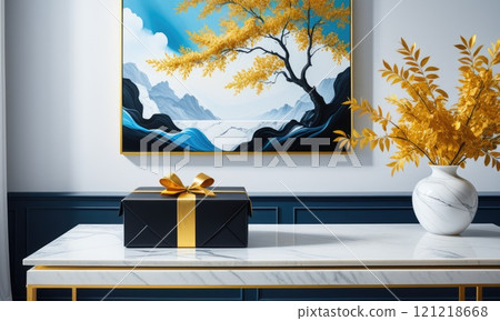 Elegant gift box with golden ribbon in modern artistic interior setting 121218668