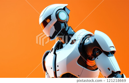 Futuristic white robot against orange backdrop showcasing artificial intelligence 121218669
