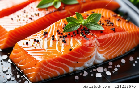 Fresh salmon fillets with herbs and spices on black surface Fresh salmon fillets with herbs and spices on black surface 121218670